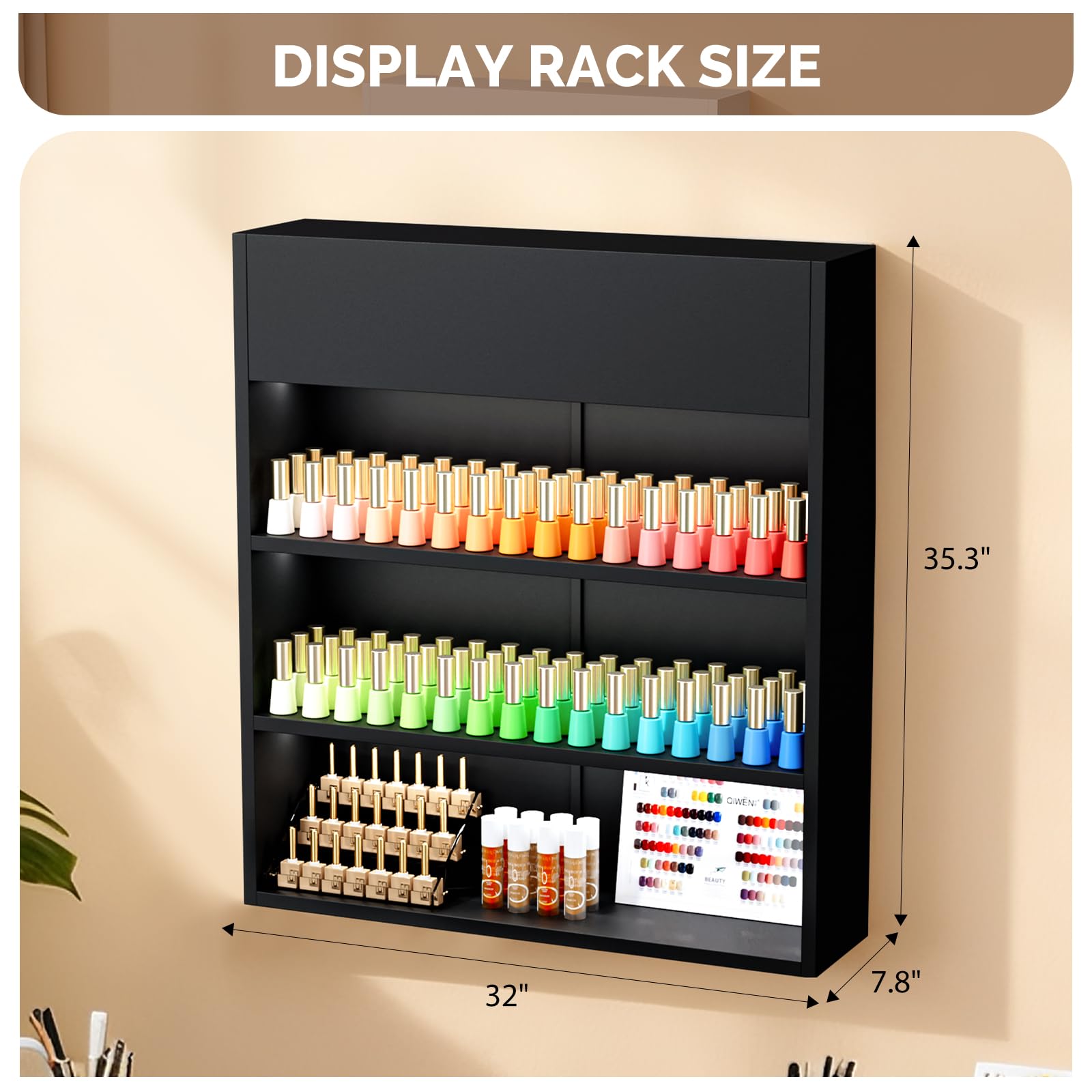 OmySalon 3-Tier Wall Mount LED Wooden Nail Polish Organizer Shelf with USB Touch Control