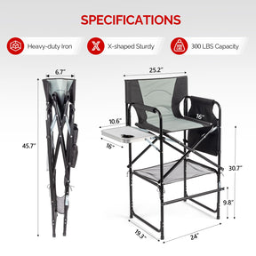 OmySalon 30in Portable Director Chair Folding Makeup Artist Chair with Side Table & Side Storage Bag