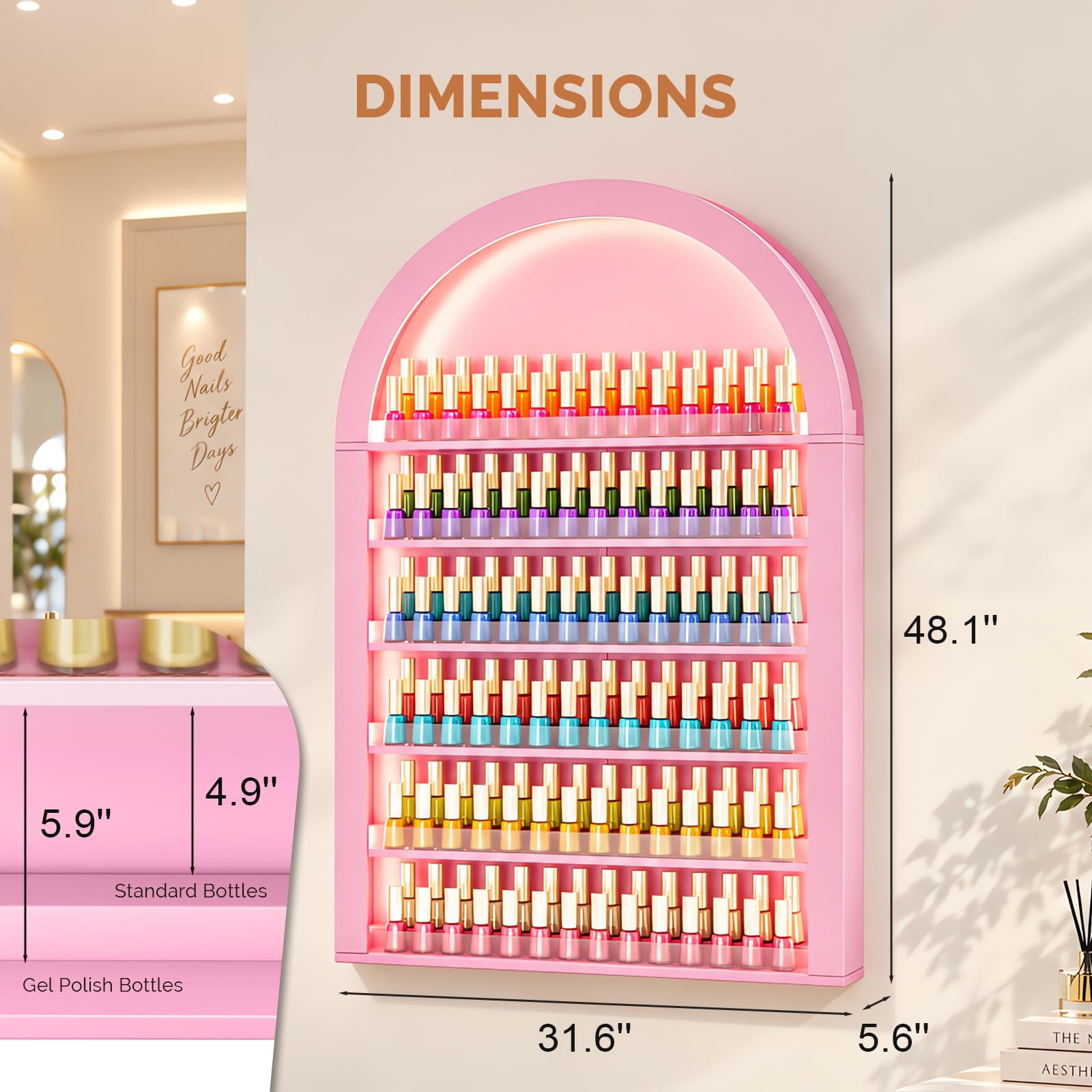 OmySalon Wall-Mounted Double 6-Tier Arched Nail Polish Organizer Rack With Led Lighting
