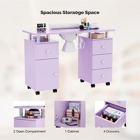 Omysalon MT-DC Nail Manicure Table w/Electric Dust Collector & Wrist Rest & 2 Open Spaces 1 Side Cabinet 4 Drawers
