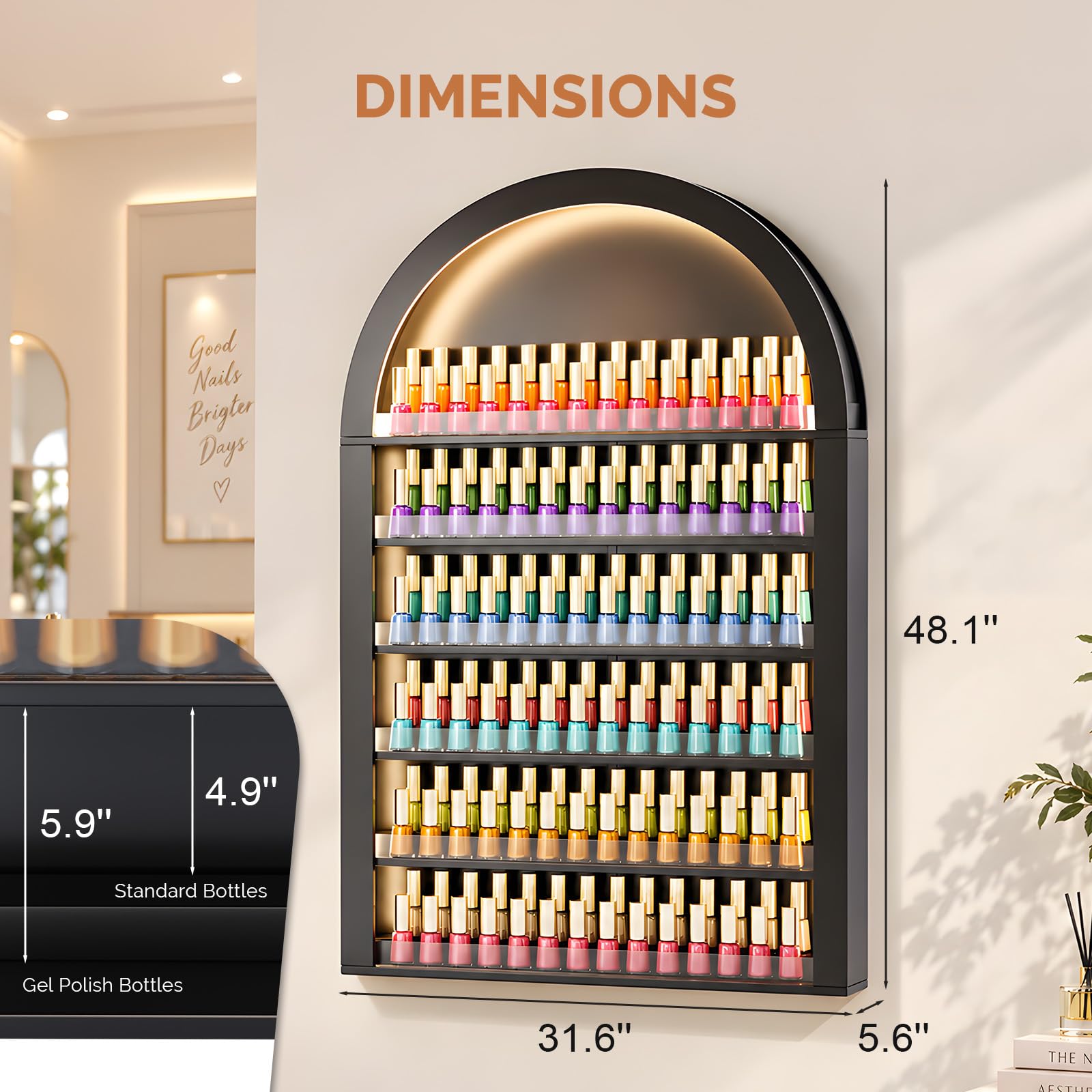 OmySalon Wall-Mounted Double 6-Tier Arched Nail Polish Organizer Rack With Led Lighting