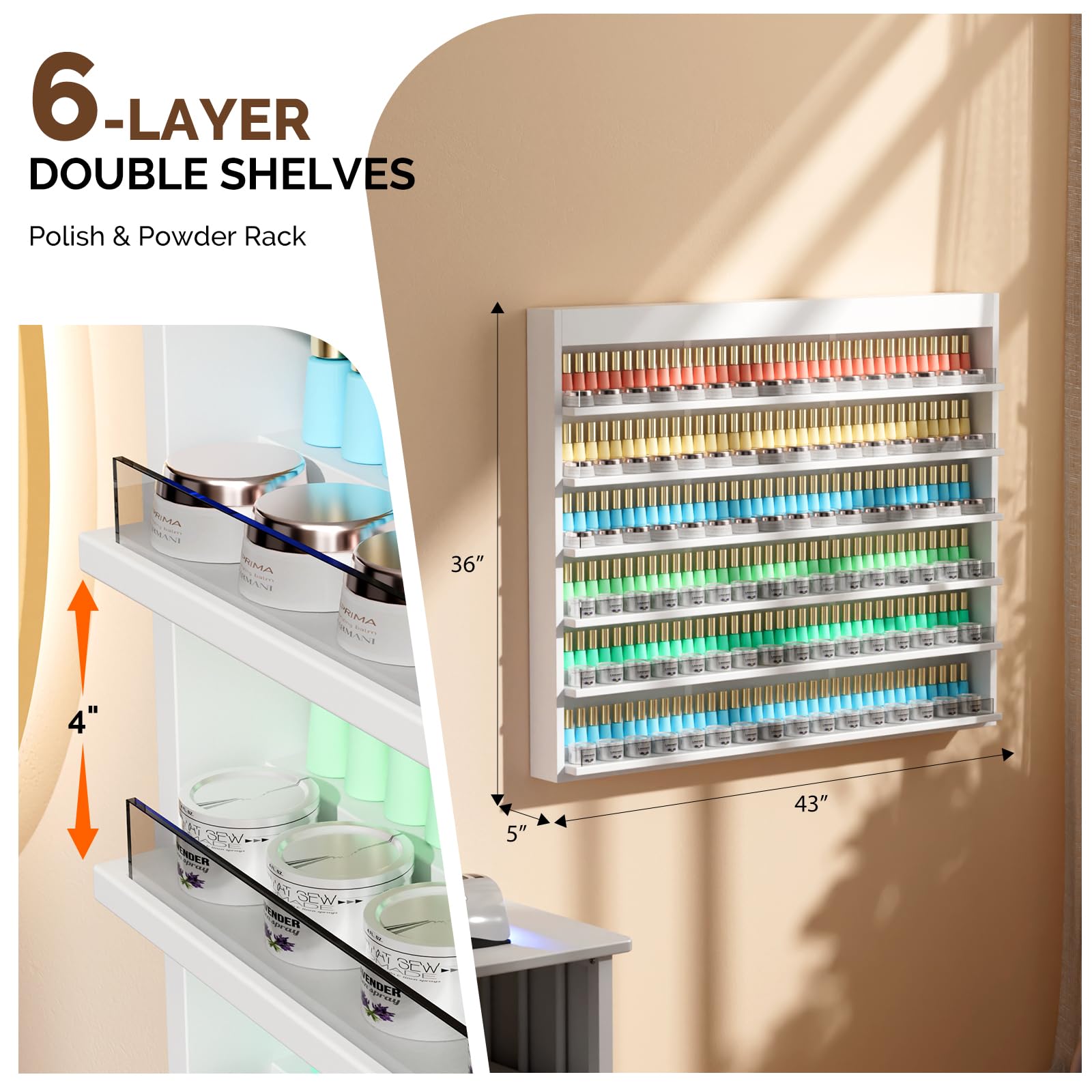 OmySalon Double 6-Tier Wall Mount Nail Polish & Powder Organizer Rack with Acrylic Barriers