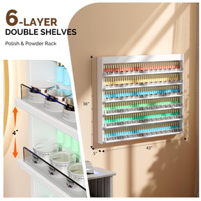 OmySalon Double 6-Tier Wall Mount Nail Polish & Powder Organizer Rack with Acrylic Barriers