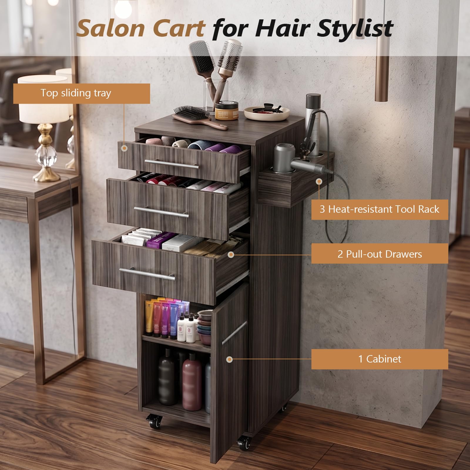 OmySalon SCTDOC Wooden Salon Trolley Cart with Wheels, 3 Drawers, Adjustable Shelf & Tool Holders
