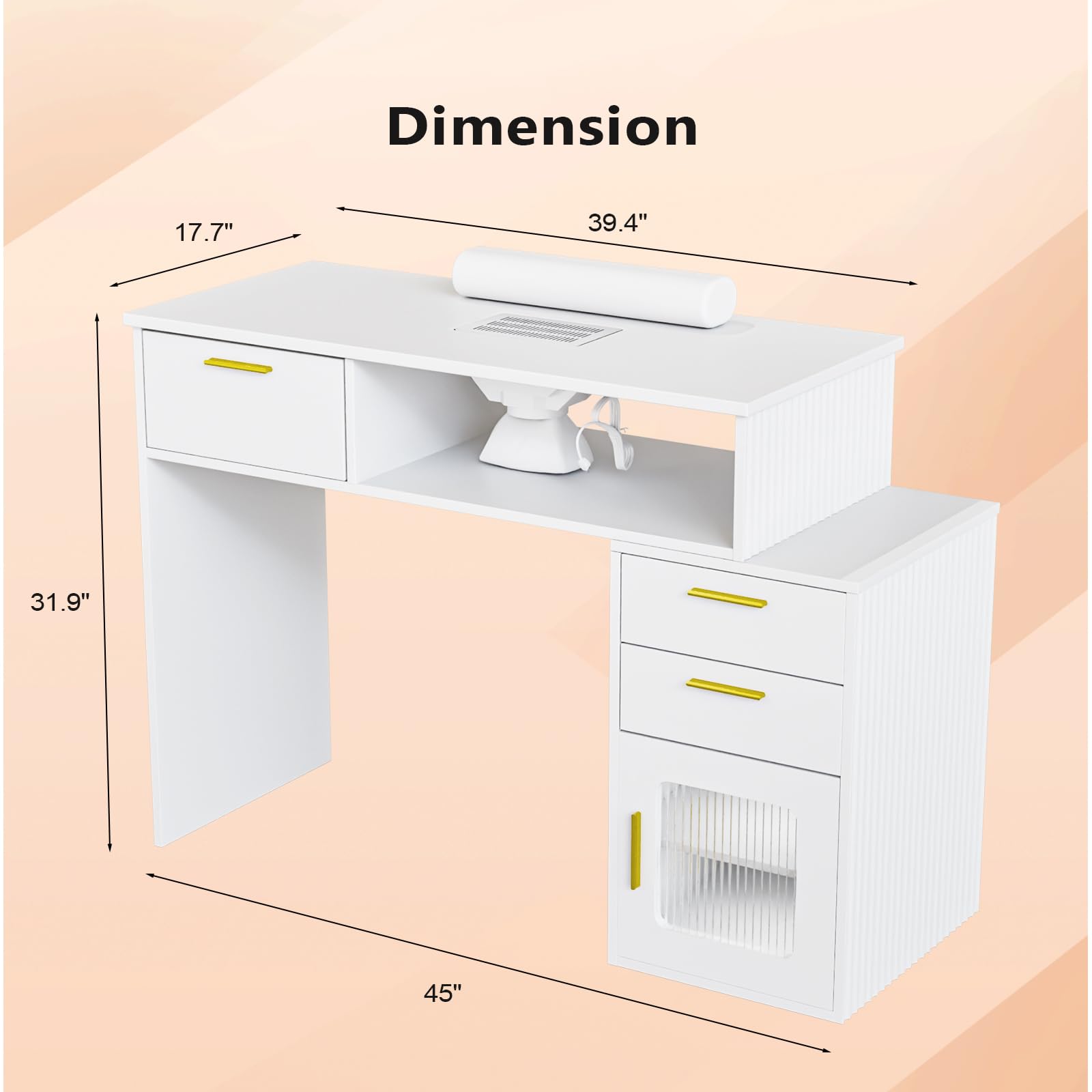 OmySalon MT-FL Nail Manicure Table w/Fluted Glass Cabinet & Electric Dust Collector & & Wrist Rest