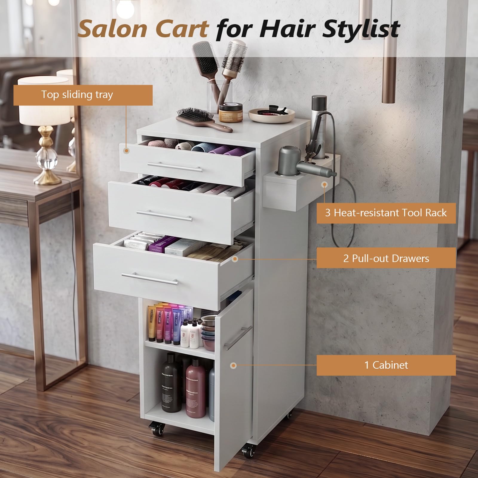 OmySalon SCTDOC Wooden Salon Trolley Cart with Wheels, 3 Drawers, Adjustable Shelf & Tool Holders