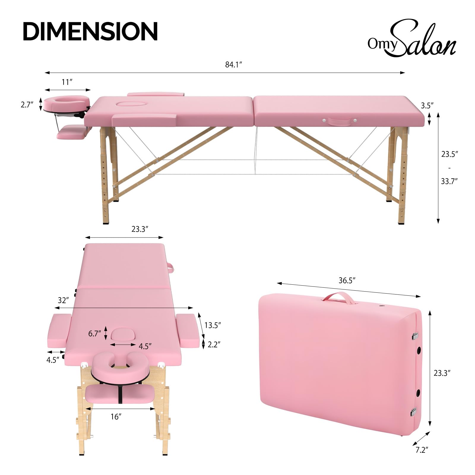 OmySalon 2FBW 84in 2-Fold Portable Physical Therapy Massage Table with Carrying Bag, Face Cradle & Wooden Frame