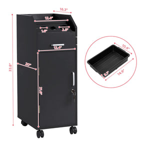 OmySalon Wooden Mobile Salon Storage Cabinet Trolley Cart with Wheels & 3 Hair Dryer Holders Black/White/Pink