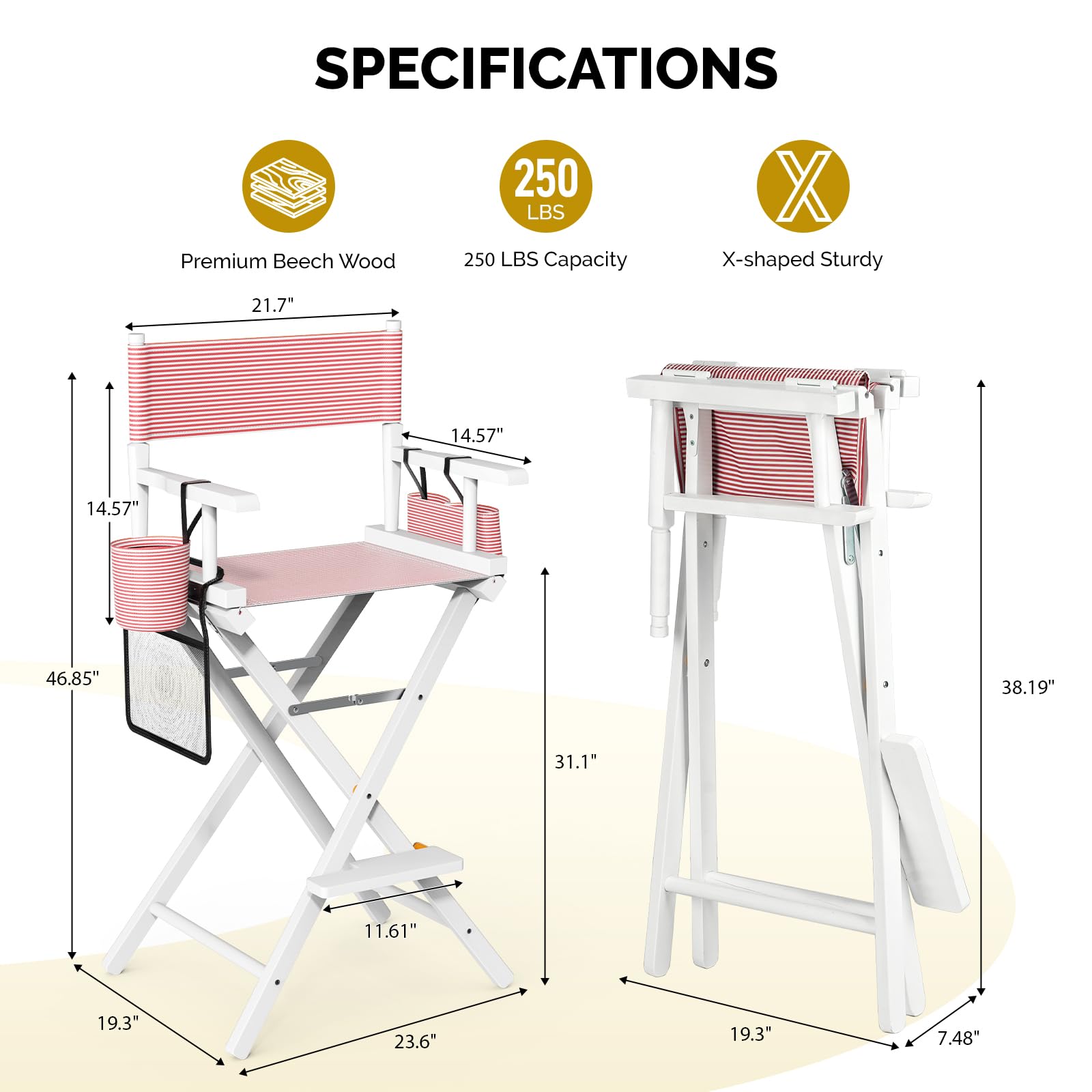OmySalon 31in Wooden Portable Director Chair Folding Makeup Chair with Storage Pouch