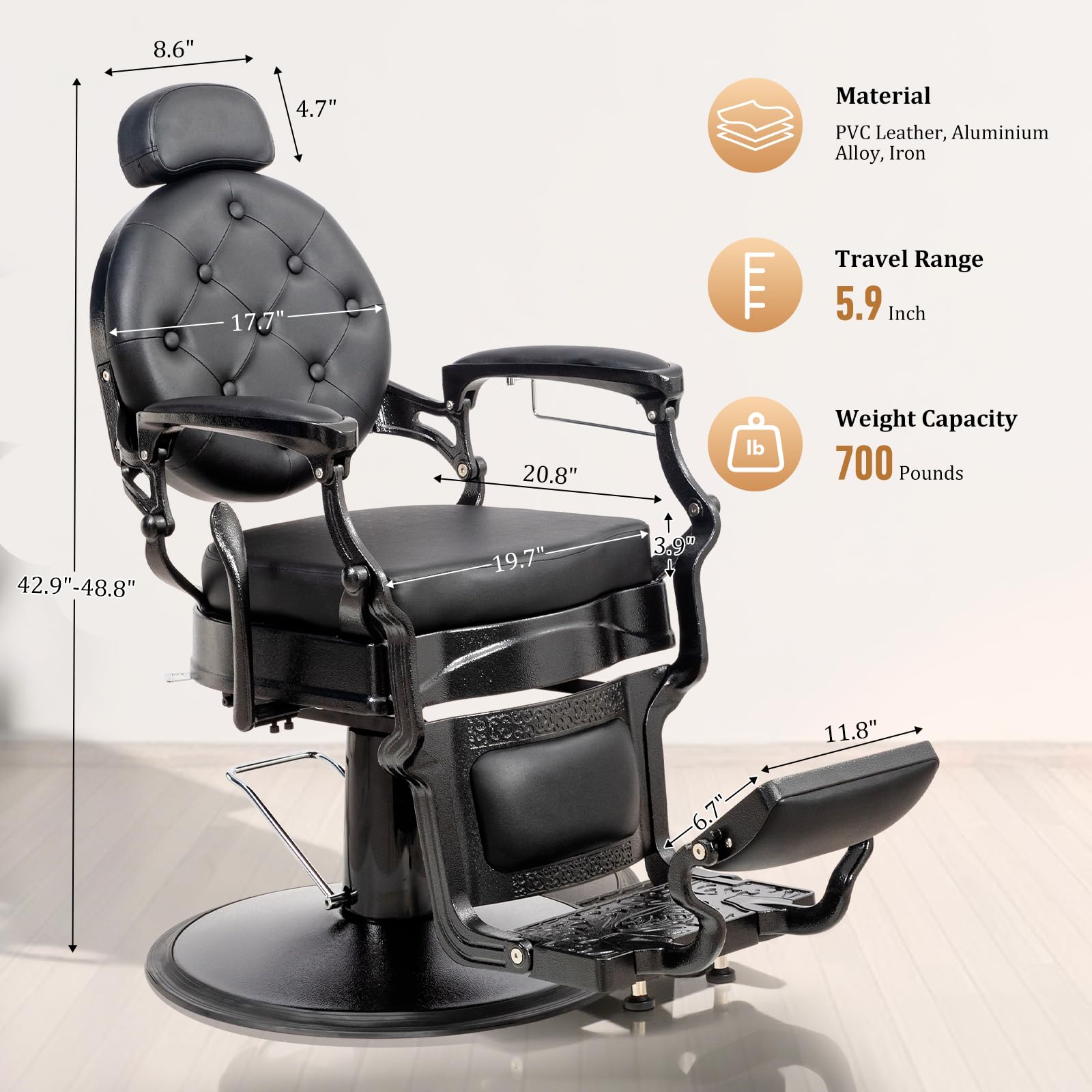 OmySalon BC1604 Retro Heavy Duty Hydraulic Recline Barber Chair