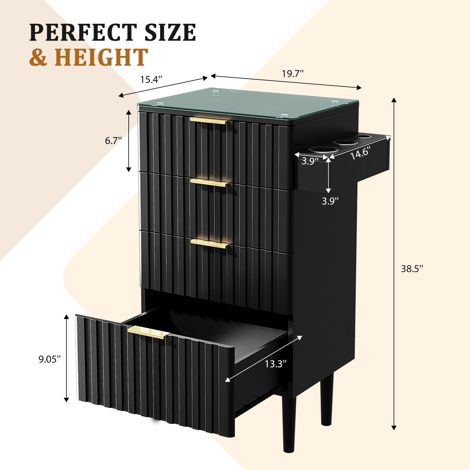 OmySalon SCGFD Modern Retro Salon Styling Station with Glass Top, 4 Drawers & 3 Hot Tool Holders
