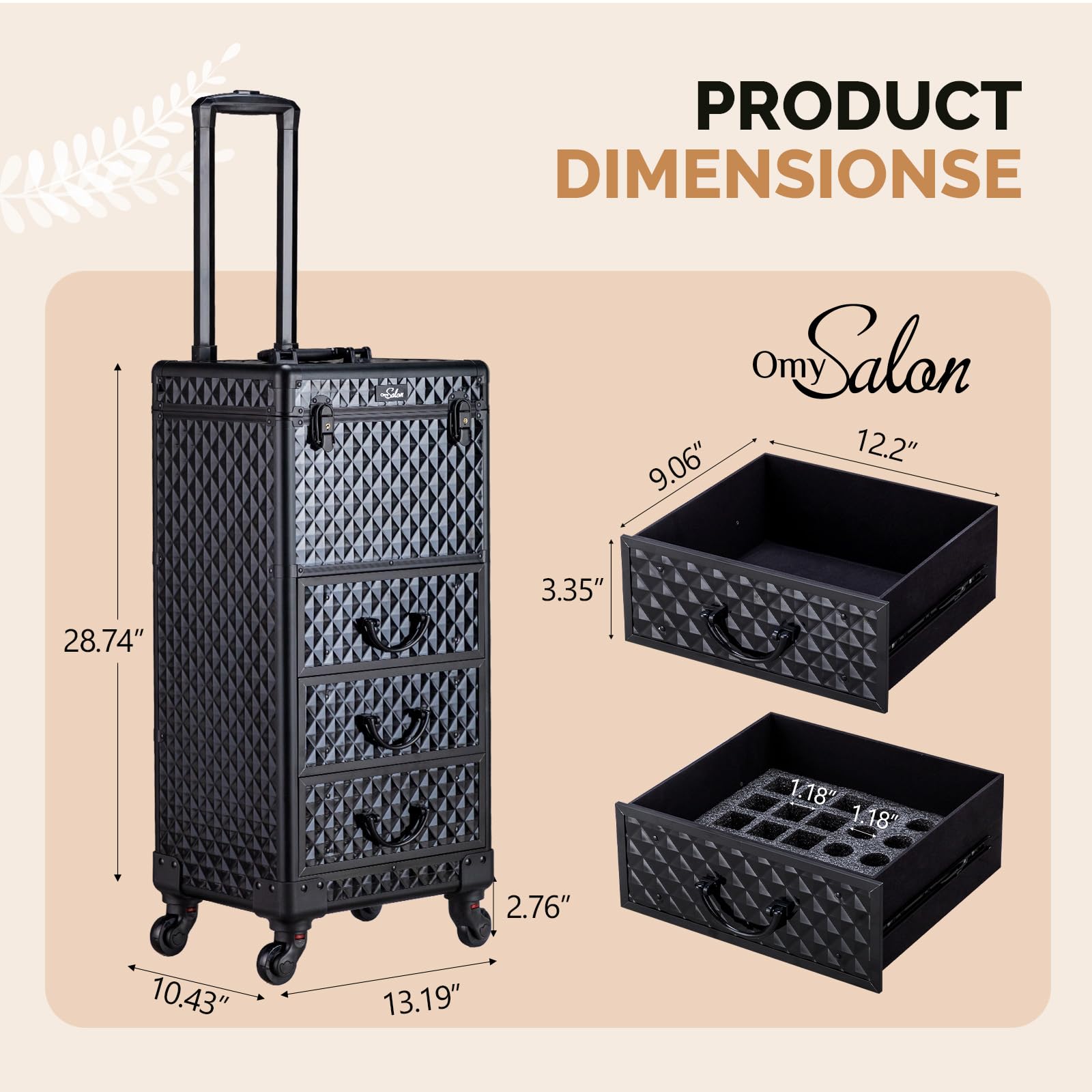 OmySalon Diamond Pattern Aluminum Lockable Rolling Makeup Train Case With 3 Drawers