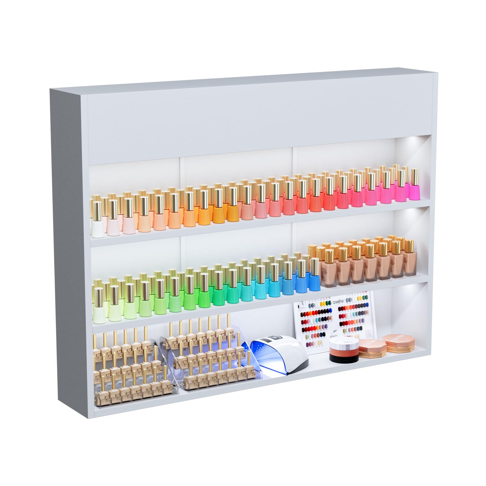 OmySalon 3-Tier Wall Mount LED Wooden Nail Polish Organizer Shelf with USB Touch Control