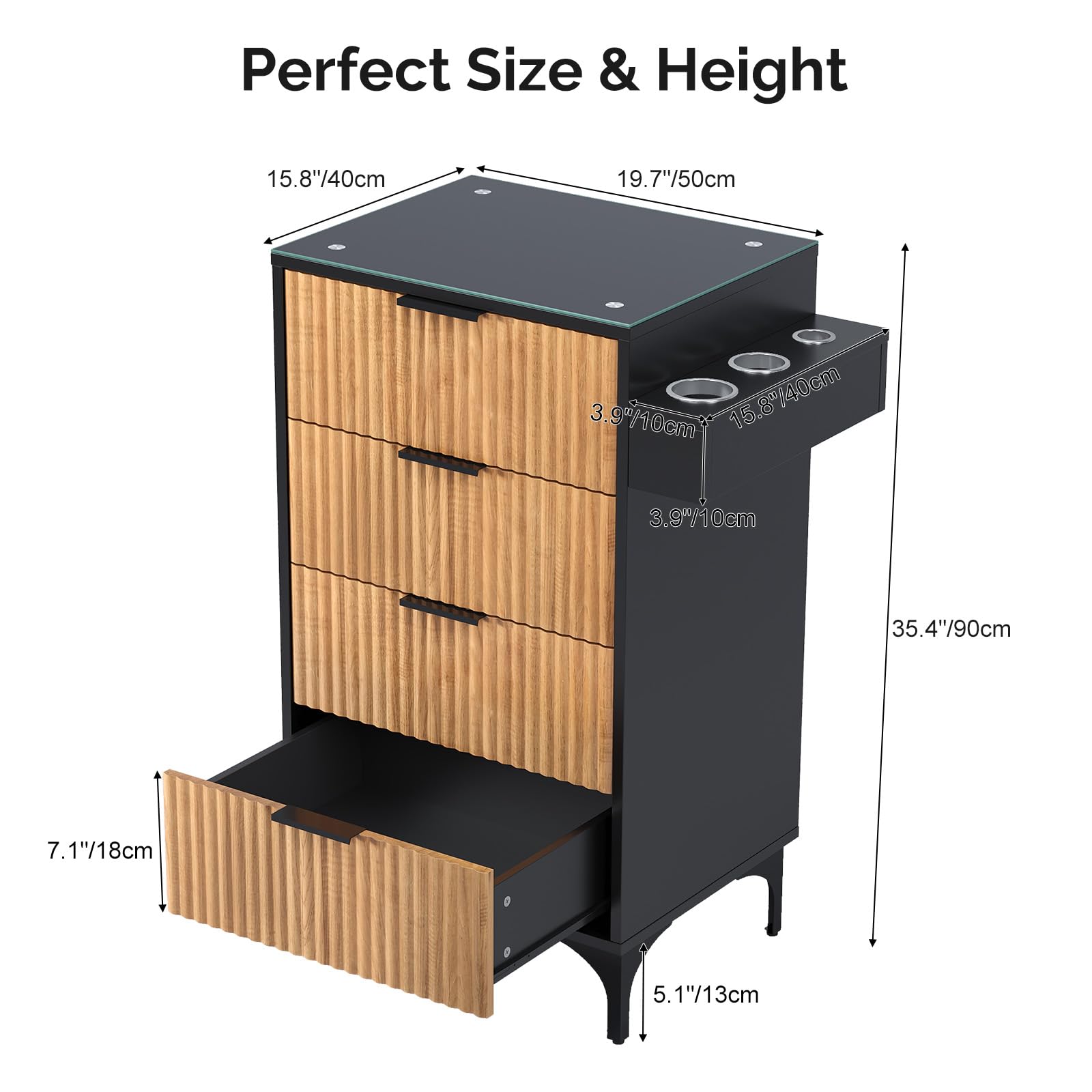 OmySalon SCWFD Modern Retro Style Salon Styling Storage Station Cabinet with Removable Glass Top & 4 Drawers 3 Hot Tool Holders