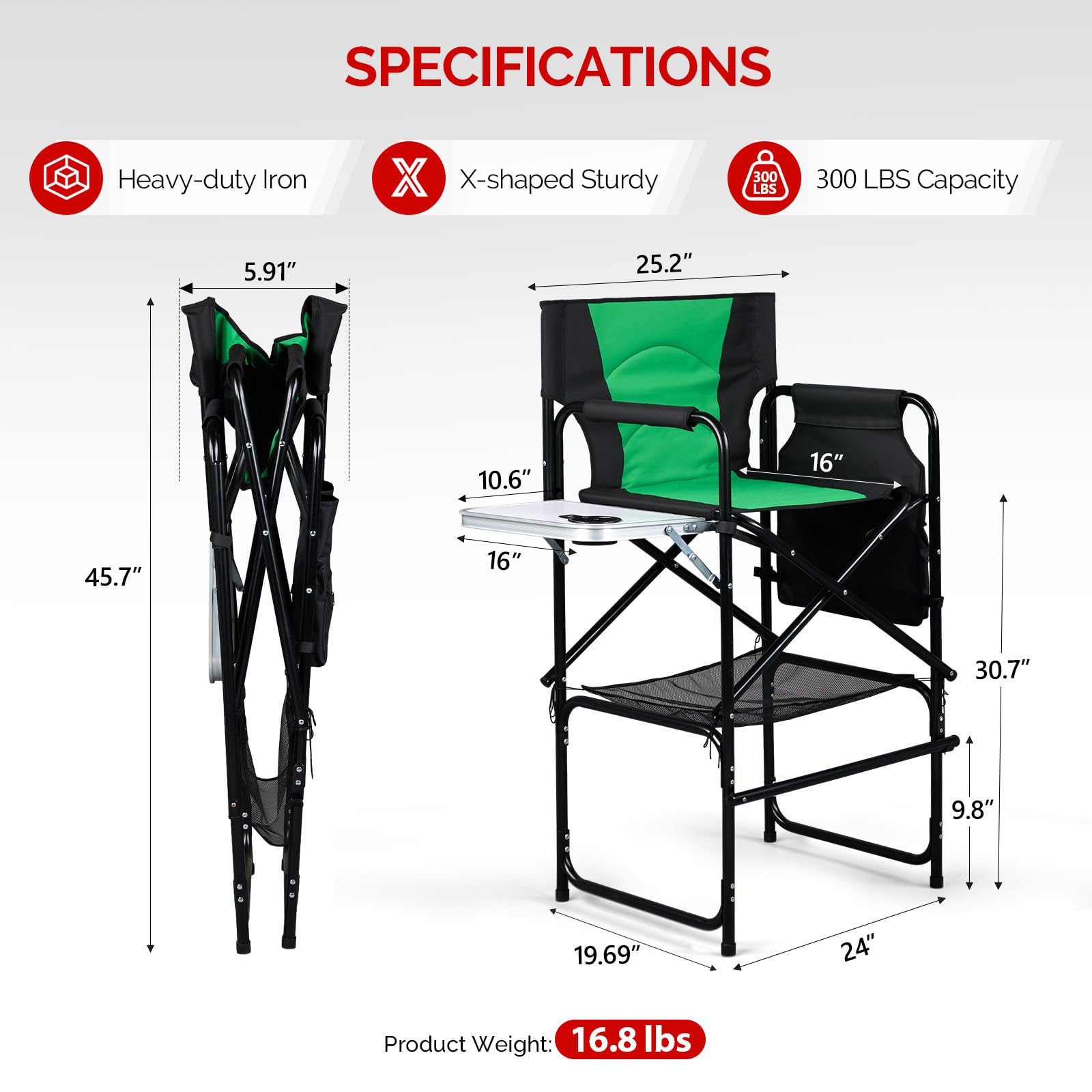 OmySalon Portable Folding Director Chair Makeup Artist Chair with Side Table 22in/26in/30in