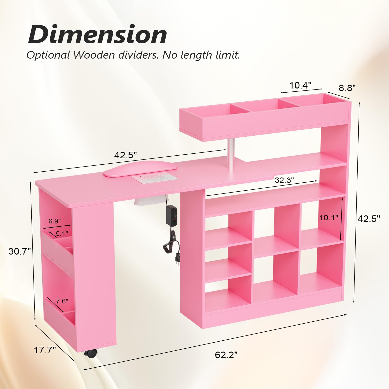 OmySalon MT-RL Rotatable L-Shaped Nail Manicure Table with Electric Dust Collector, Storage Trolley & Wrist Rest