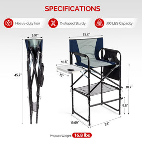 OmySalon Extra Tall 30.7in Folding Director Chair with Side Table & Storage Pockets