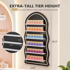 OmySalon Wall-Mounted Wavy 6-Tier Nail Polish Rack With 5.5" Extra-Tall Shelves