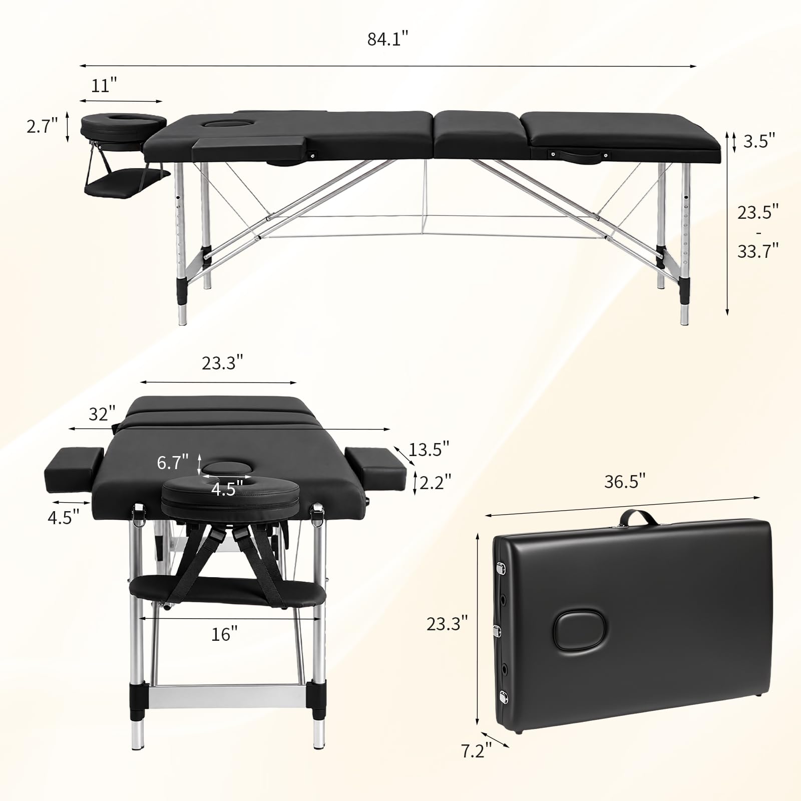 OmySalon FA-MB 84in Portable Height-Adjustable Physical Therapy Massage Table with Aluminum Frame, Face Cradle & Carrying Bag