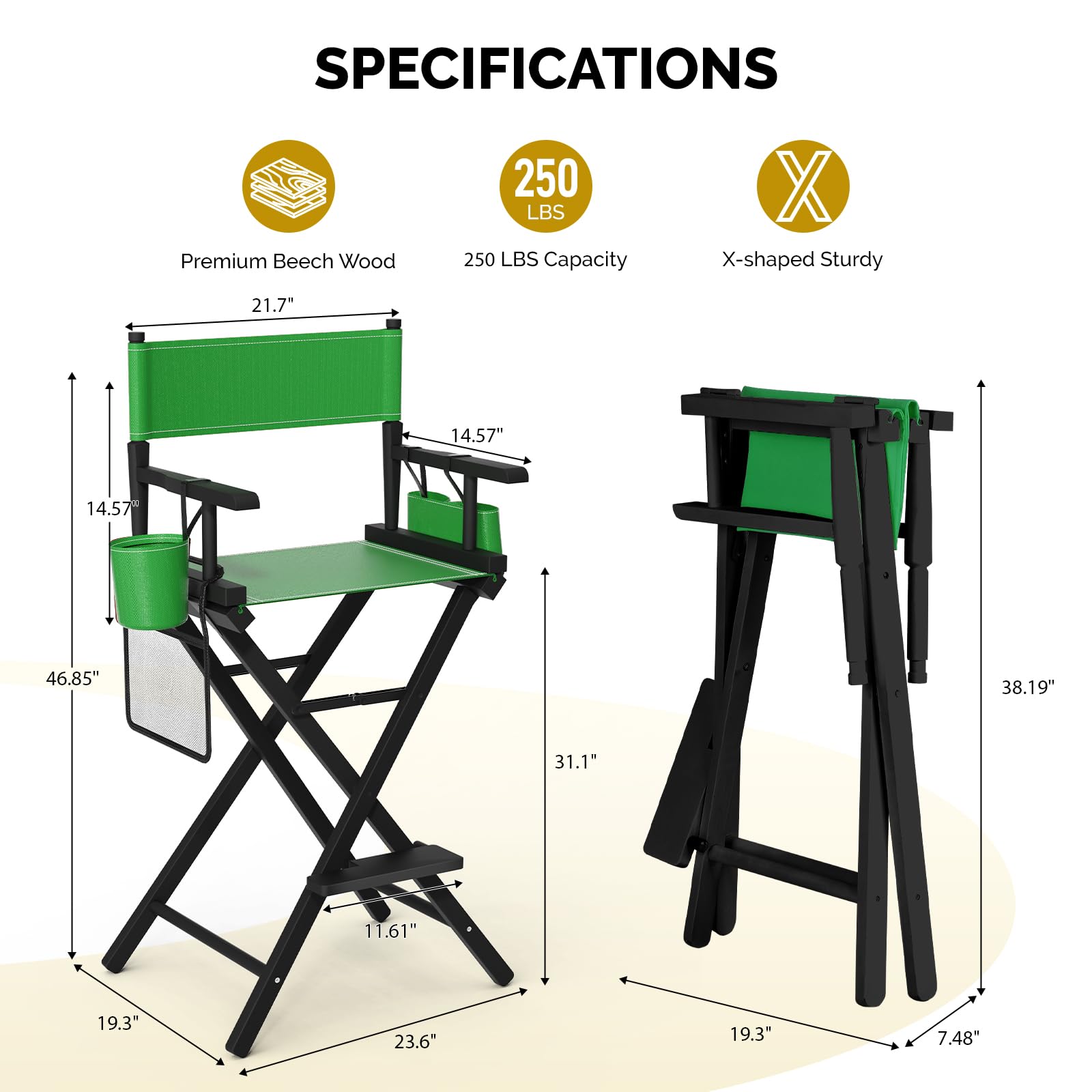 OmySalon 31in Wooden Portable Director Chair Folding Makeup Chair with Storage Pouch