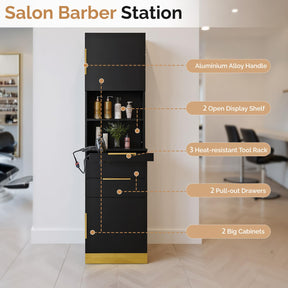 OmySalon HSCS Barber Storage Station Cabinet with 2 Drawers 2 Cabinets 2 Open Shelves 3 Hair Dryer Holders