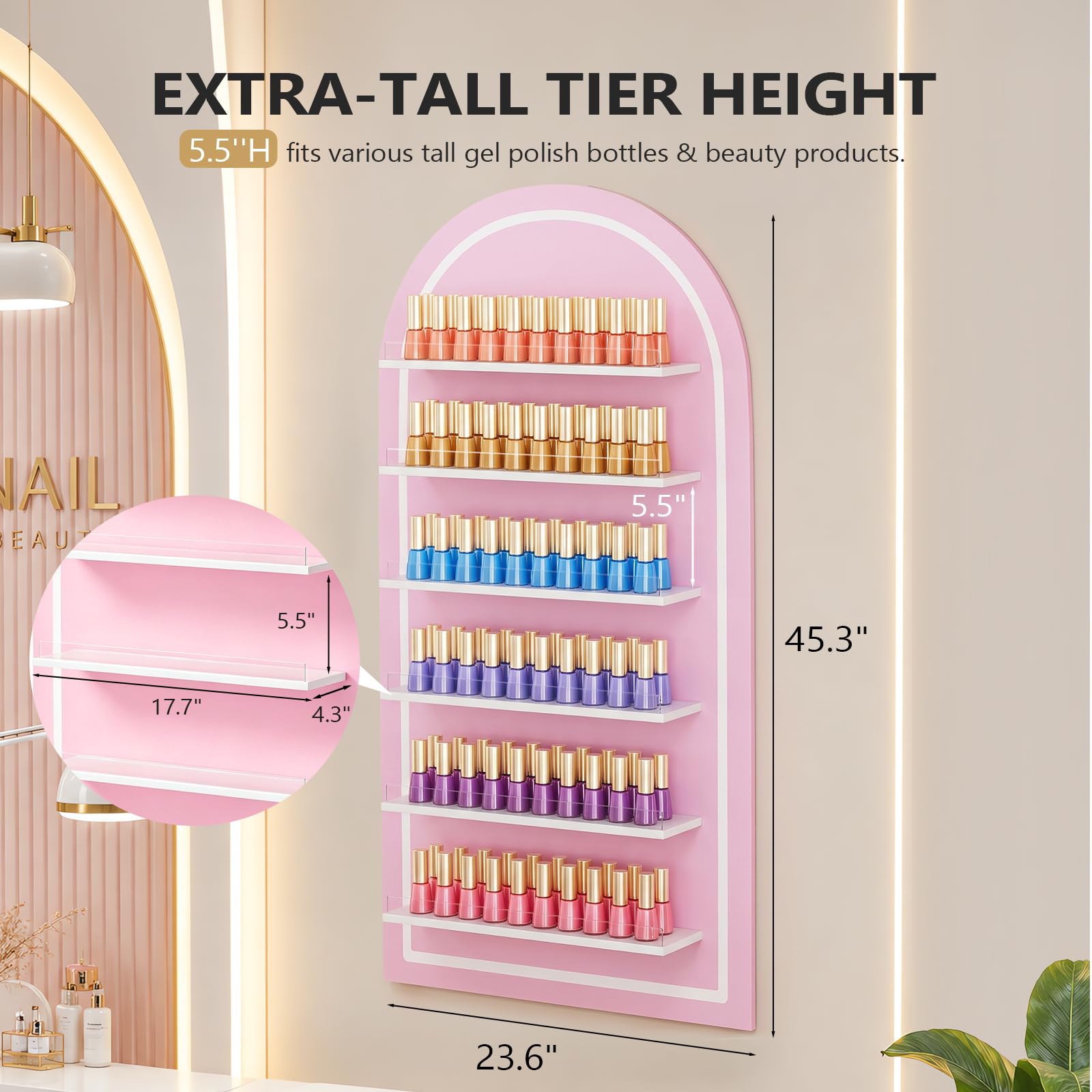 OmySalon Wall-Mounted Arched 6-Tier Nail Polish Rack With 5.5" Extra-Tall Shelves