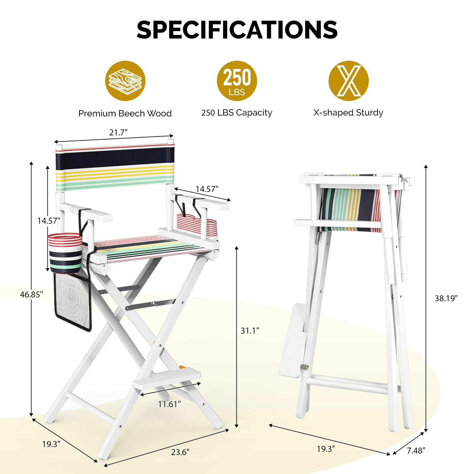 OmySalon 31in Wooden Portable Director Chair Folding Makeup Chair with Storage Pouch
