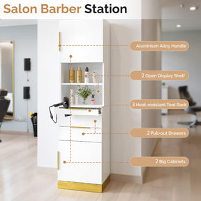 OmySalon HSCS Barber Storage Station Cabinet with 2 Drawers 2 Cabinets 2 Open Shelves 3 Hair Dryer Holders