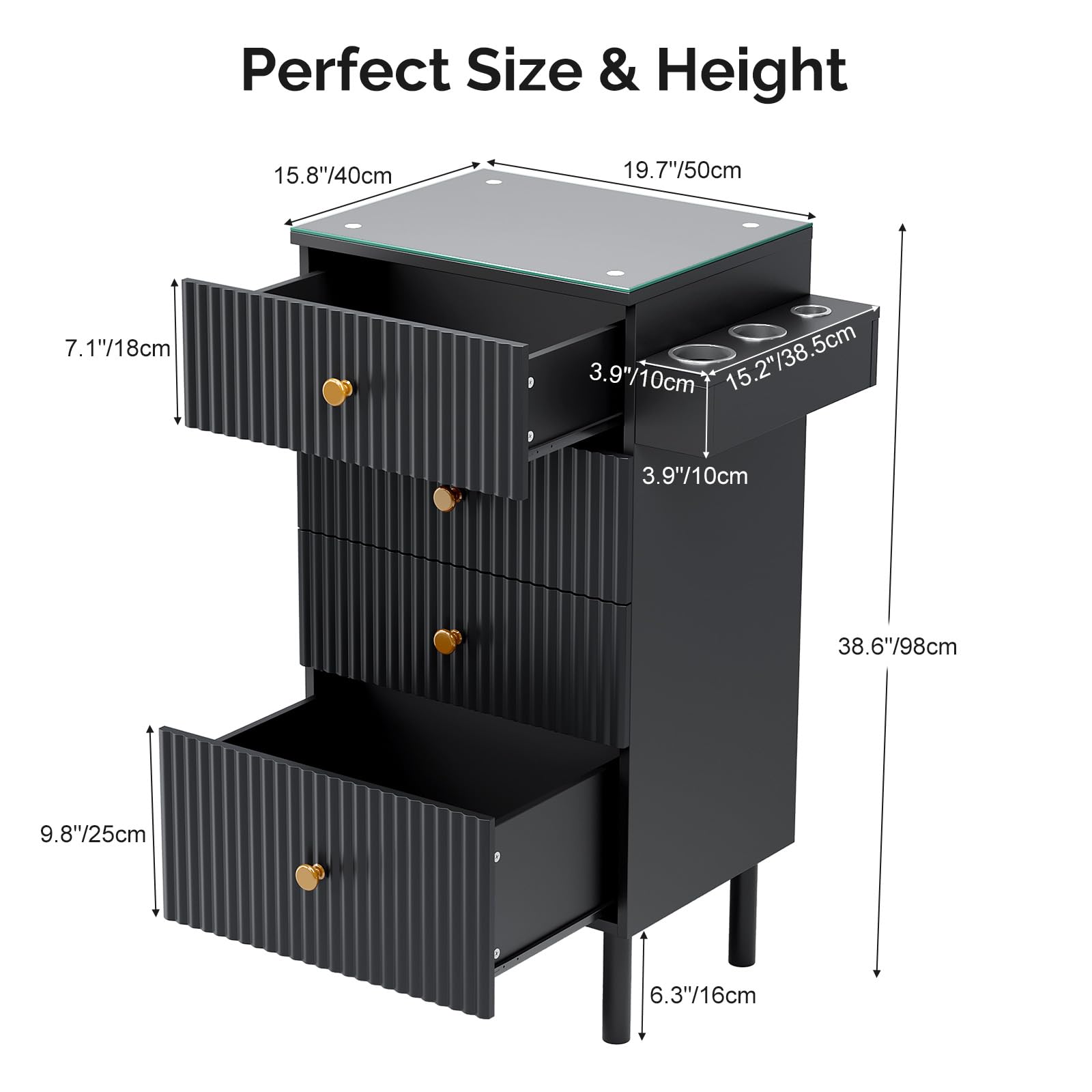 OmySalon SCWG Salon Styling Storage Station with Removable Glass Top & 4 Drawers 3 Hot Tool Holders
