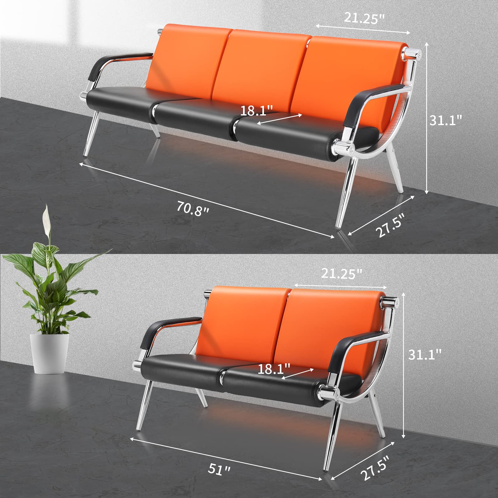 OmySalon Waiting Room Reception Bench with Armrest Orange