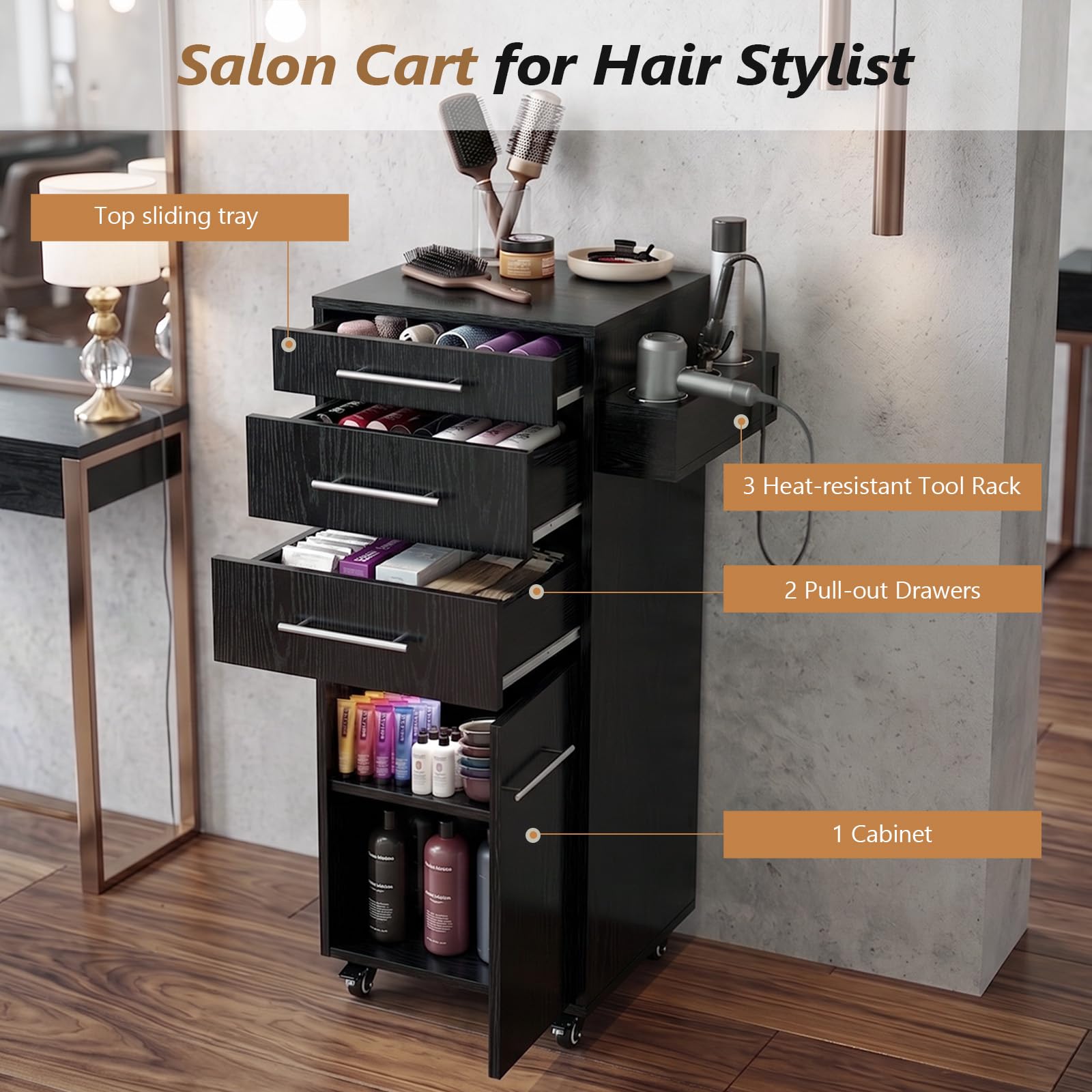 OmySalon SCTDOC Wooden Salon Trolley Cart with Wheels, 3 Drawers, Adjustable Shelf & Tool Holders