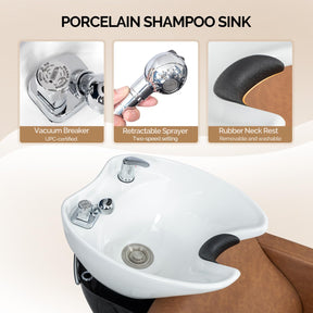 OmySalon BU1401 Salon Shampoo Bowl and Chair Backwash Unit with Extra Wide Seat & Porcelain Hair Washing Sink