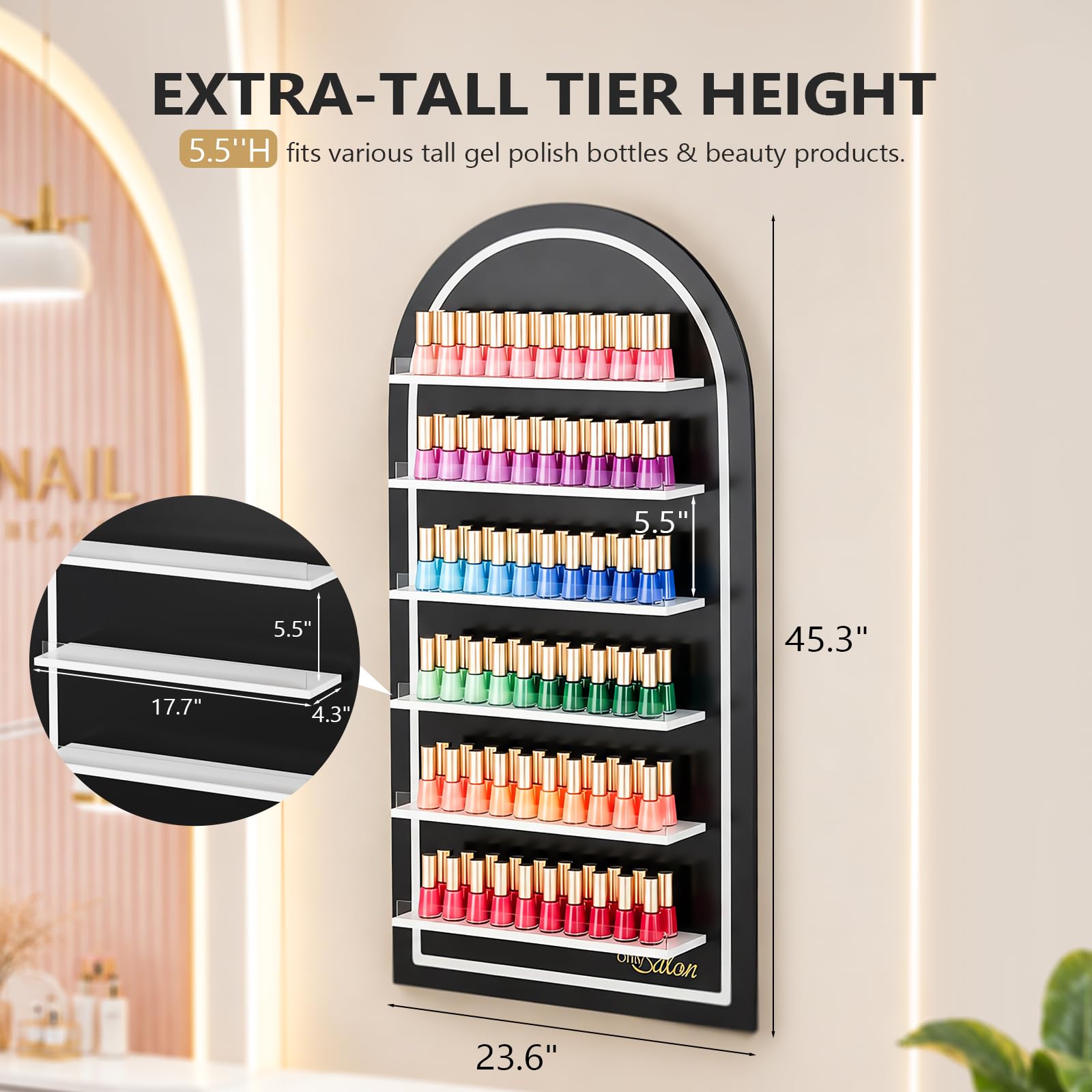 OmySalon Wall-Mounted Arched 6-Tier Nail Polish Rack With 5.5" Extra-Tall Shelves