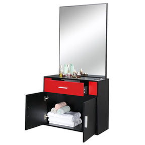 OmySalon Wall Mount Salon Station with Mirror 1 Drawer 1 Storage Cabinet 2 Hair Dryer Holders Black/Black & Red