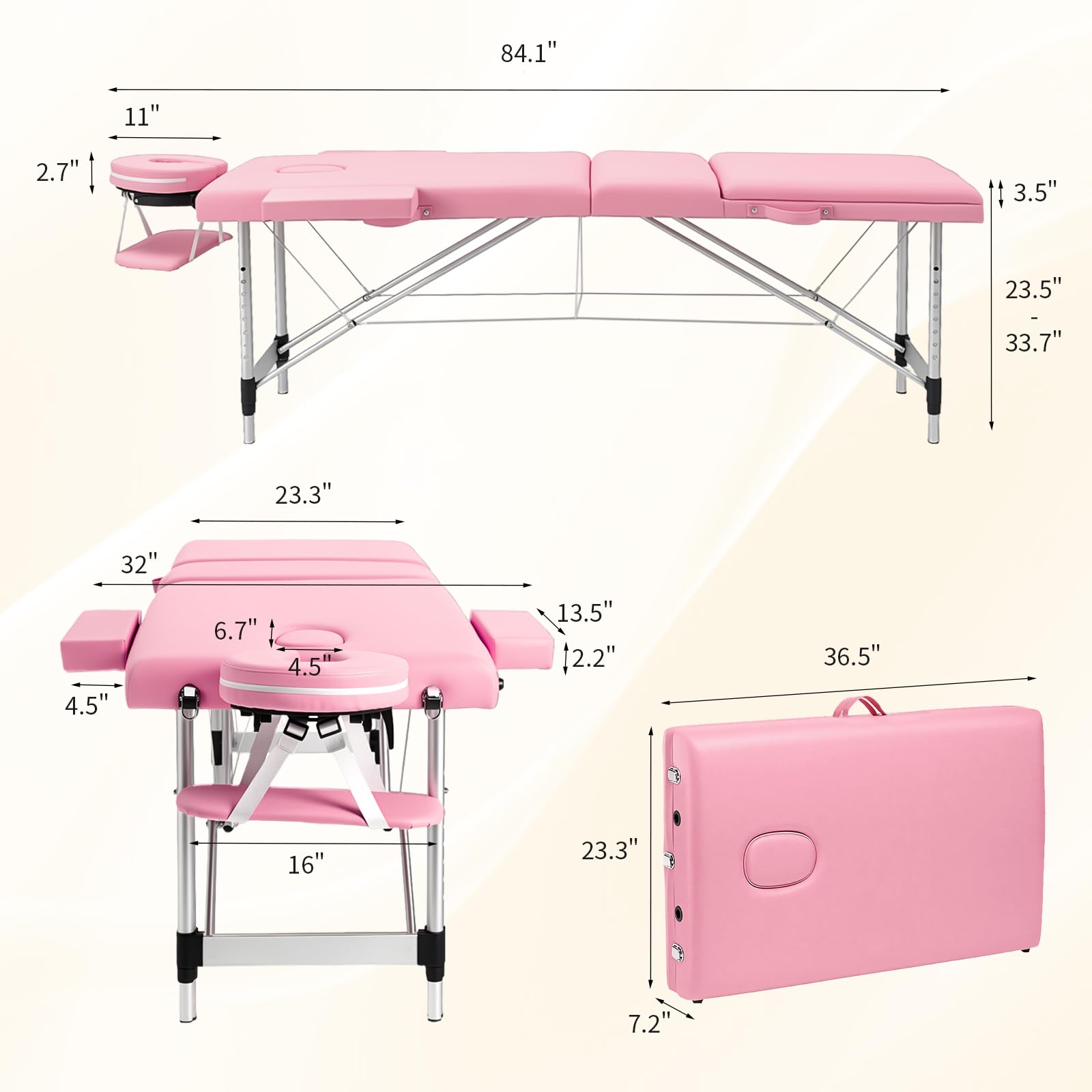 OmySalon FA-MB 84in Portable Height-Adjustable Physical Therapy Massage Table with Aluminum Frame, Face Cradle & Carrying Bag