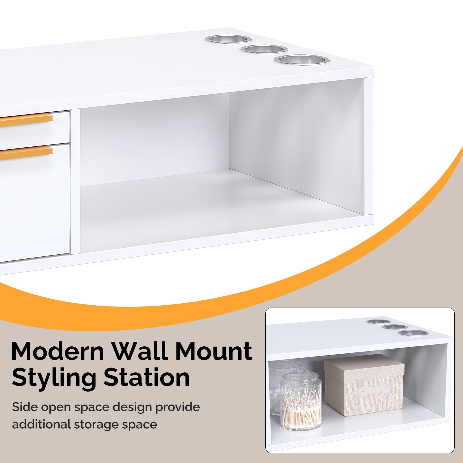 OmySalon WMSCOD Wall Mount Salon Styling Station with 2 Drawers 1 Open Shelf 3 Heat Resistant Dryer Holders