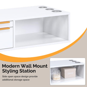 OmySalon WMSCOD Wall Mount Salon Styling Station with 2 Drawers 1 Open Shelf 3 Heat Resistant Dryer Holders