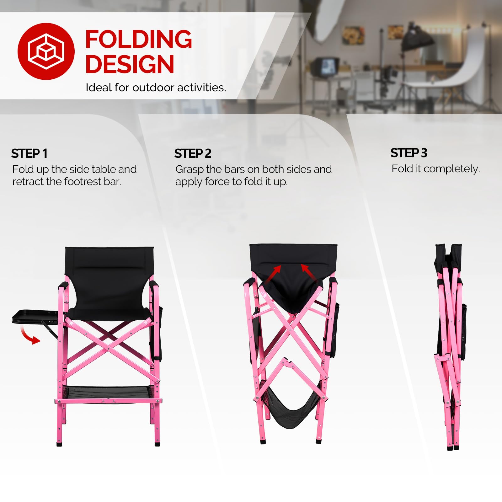 Omysalon 30in Portable Folding Director Chair with Collapsible Side Table