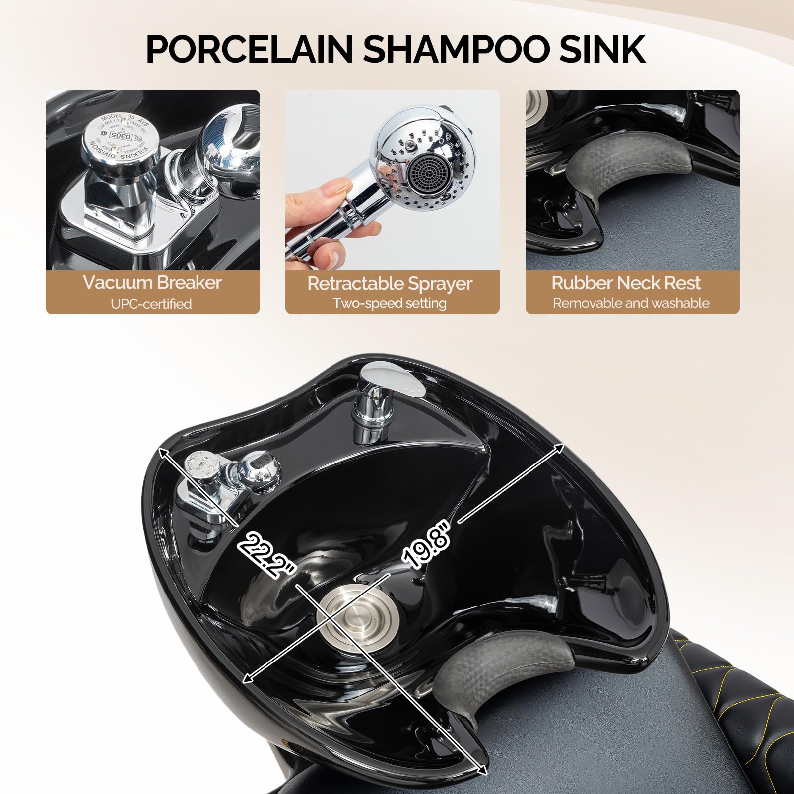 OmySalon BU2701 Salon Shampoo Backwash Chair with Tilting Porcelain Bowl