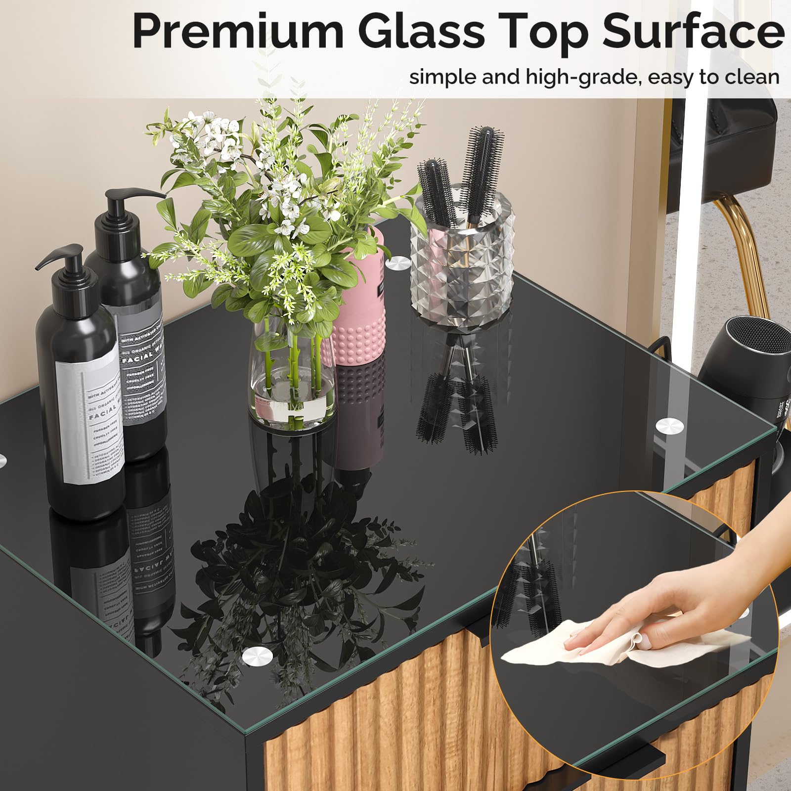 OmySalon SCWFD Modern Retro Style Salon Styling Storage Station Cabinet with Removable Glass Top & 4 Drawers 3 Hot Tool Holders