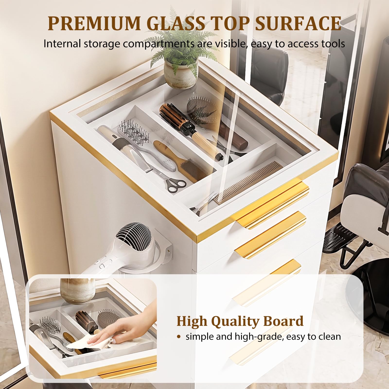 OmySalon WMBCWT Wall Mounted Salon Station with Tempered Glass Top & 4 Drawers Hair Dryer Holder