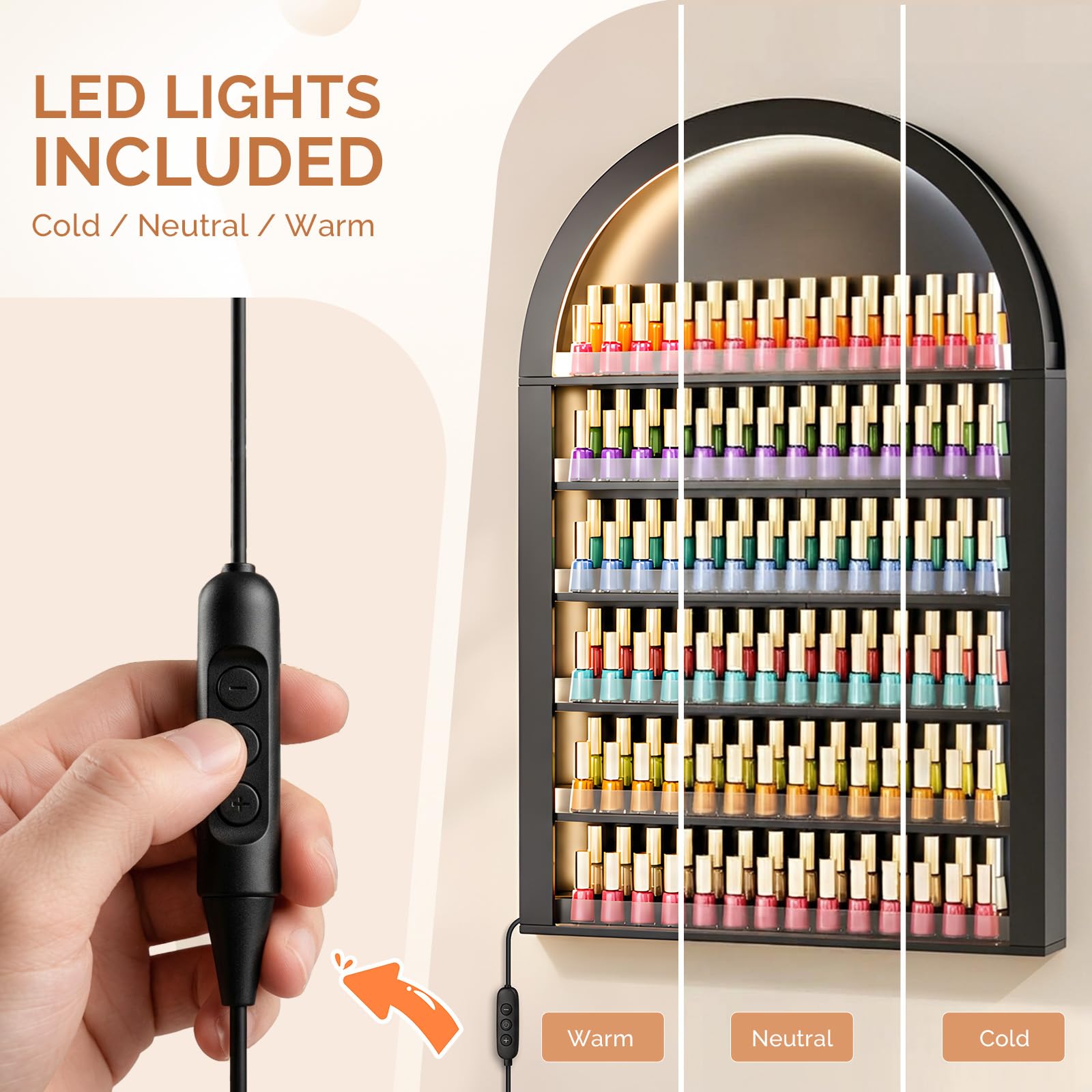 OmySalon Wall-Mounted Double 6-Tier Arched Nail Polish Organizer Rack With Led Lighting