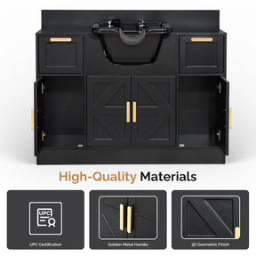 Omysalon SCWSB Freestanding Salon Wet Cabinet Station with Storage Drawers, Shampoo Bowl & Geometric Finish