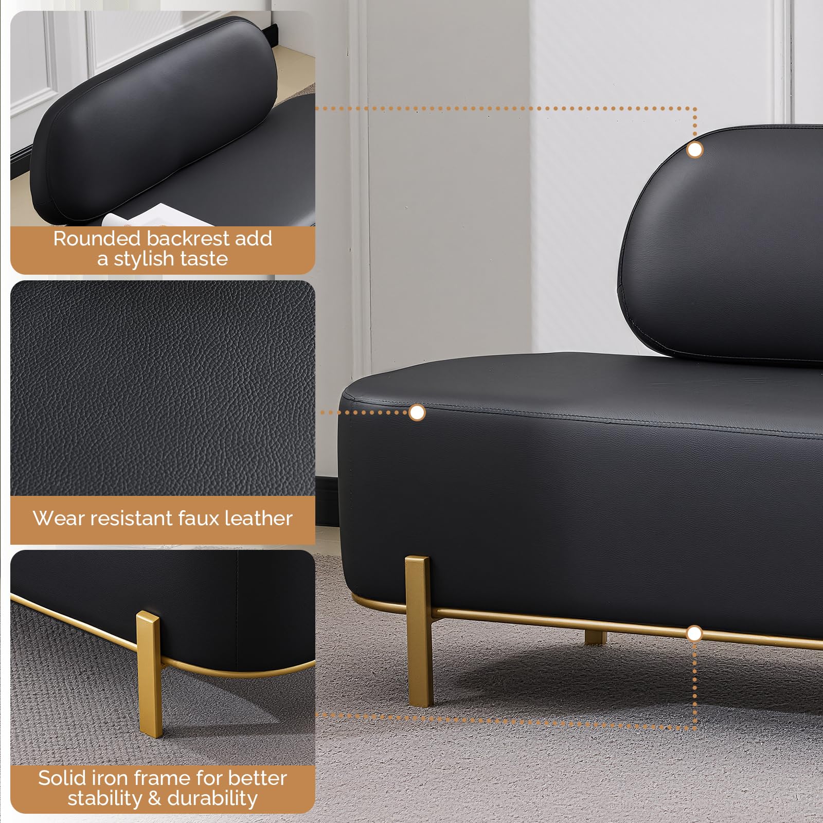 OmySalon WRB1801 55.1in Faux Leather Upholstered Waiting Room Reception Bench Chair with Backrest