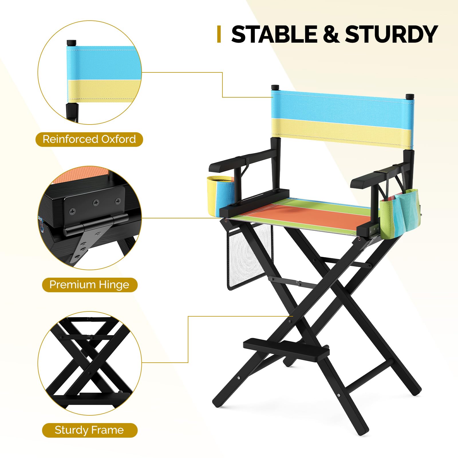 OmySalon 26in Wooden Portable Director Chair Folding Makeup Chair with Storage Pouch