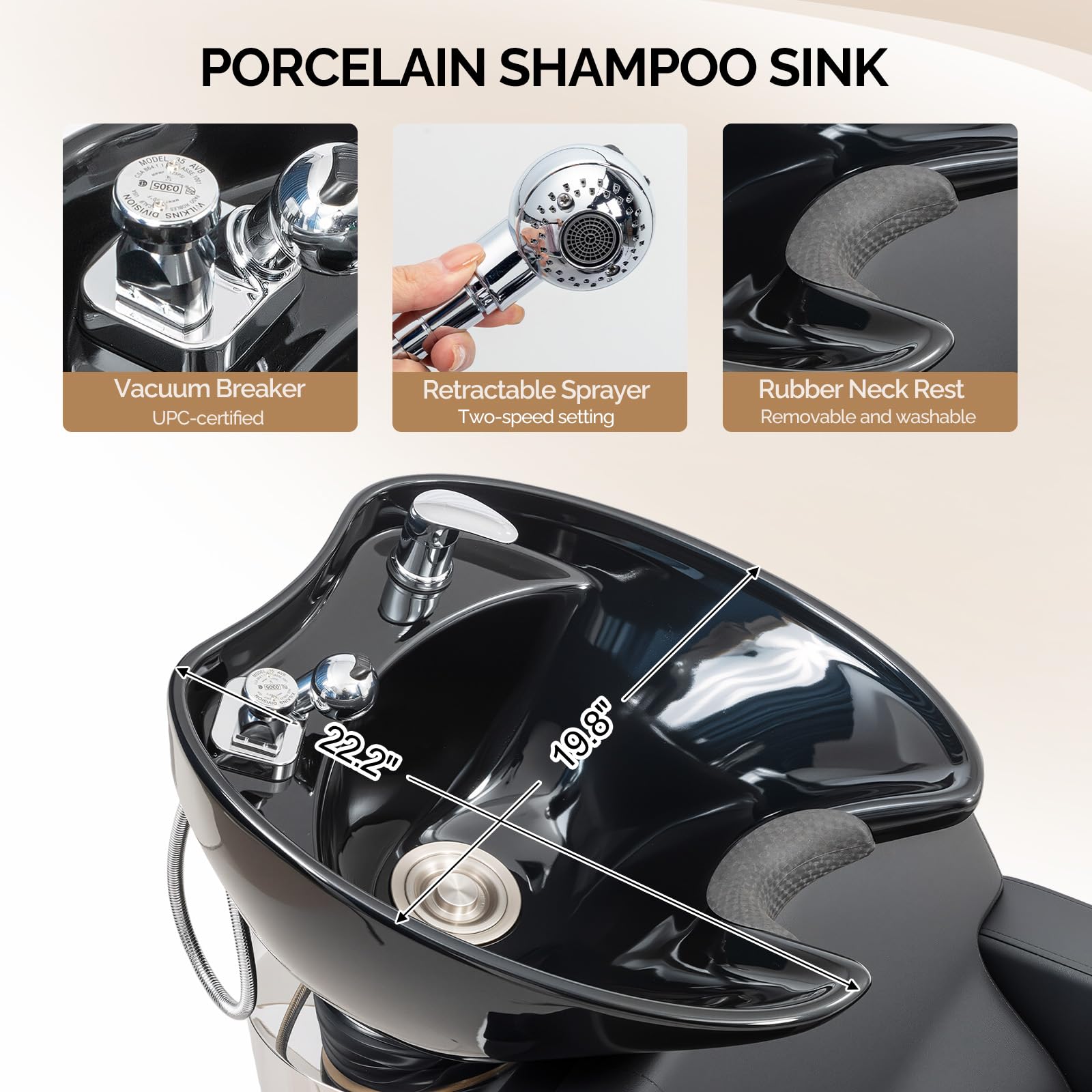 OmySalon BU2601 Salon Shampoo Backwash Chair with Tilting Porcelain Bowl