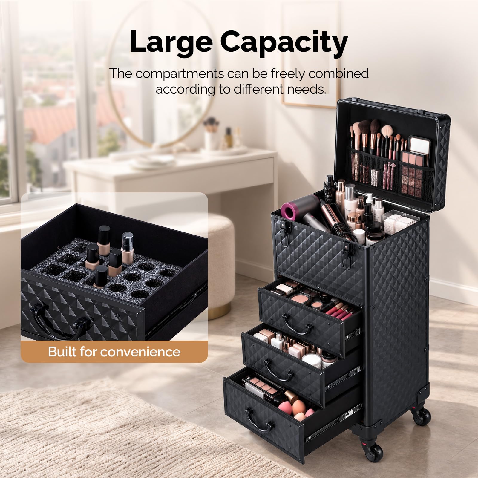 OmySalon Diamond Pattern Aluminum Lockable Rolling Makeup Train Case With 3 Drawers