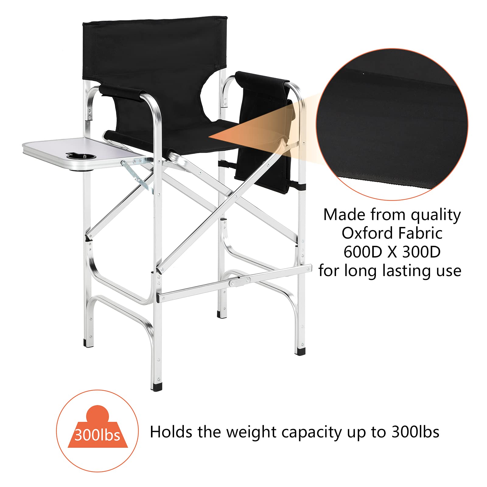 Omysalon 30in Portable Folding Director Chair with Collapsible Side Table