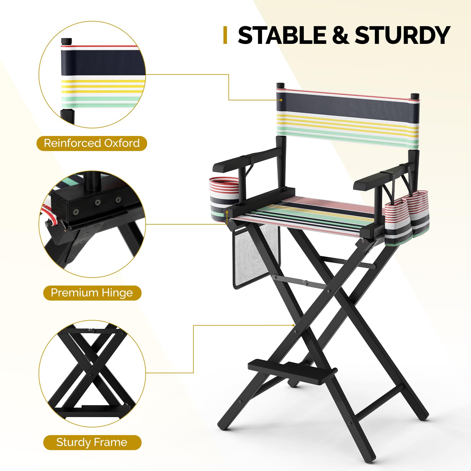 OmySalon 31in Wooden Portable Director Chair Folding Makeup Chair with Storage Pouch