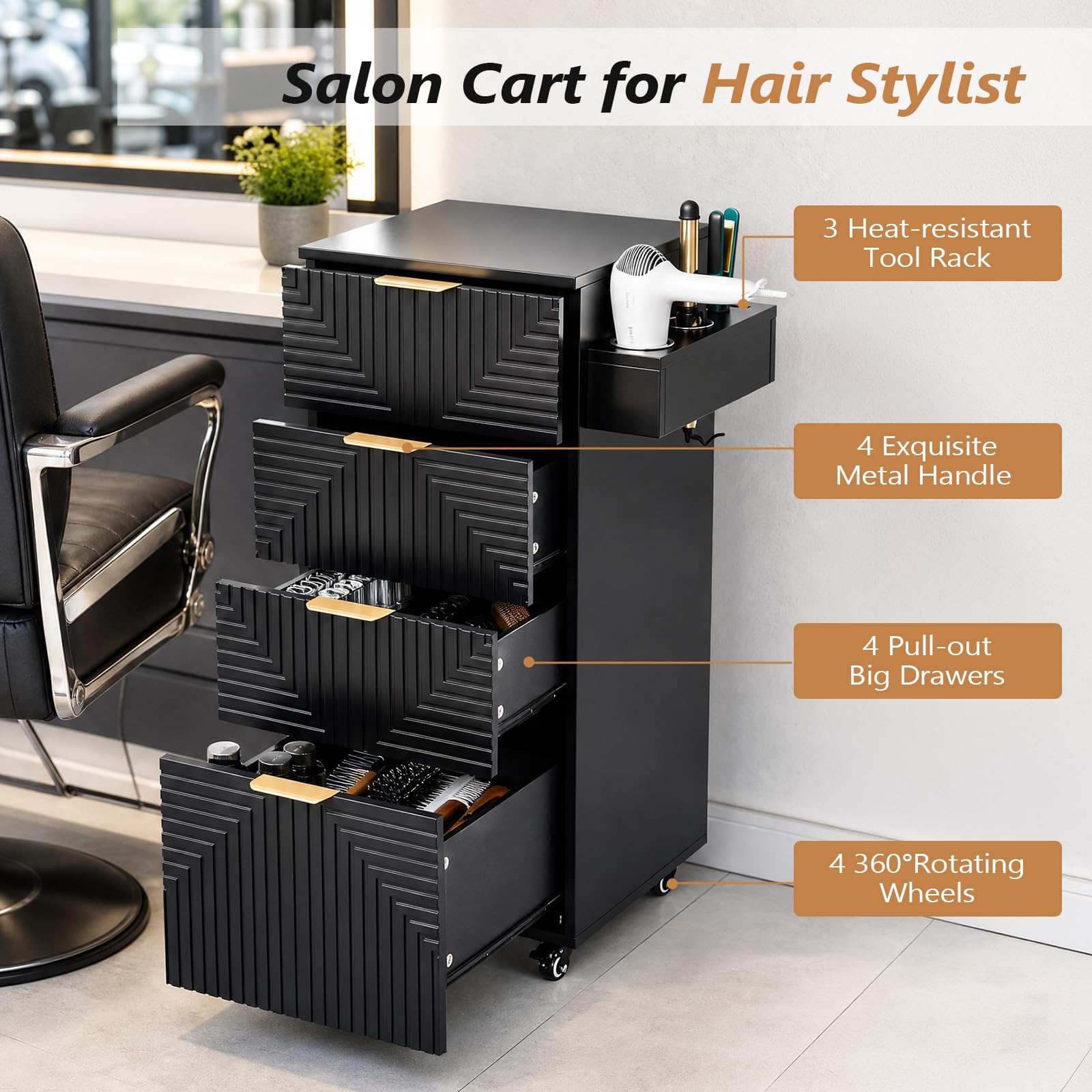 OmySalon SCTSM Wooden Rolling Salon Trolley Cart with Wheels & 4 Drawers 3 Hot Tool Holders
